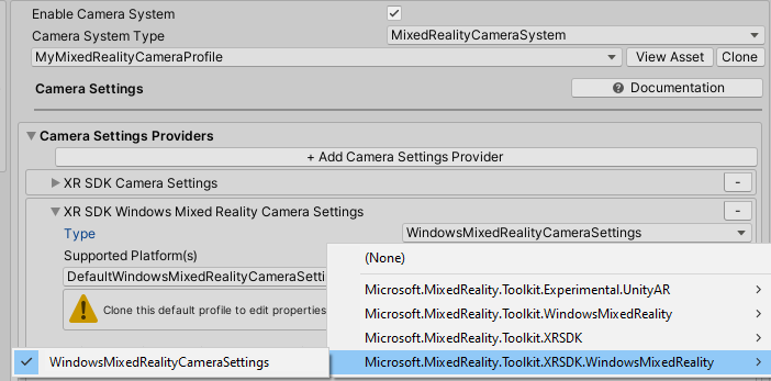 XR SDK camera settings